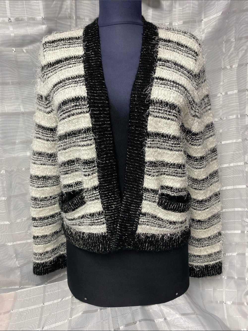 Calvin Klein Black and White Striped Fuzzy Open Cardigan